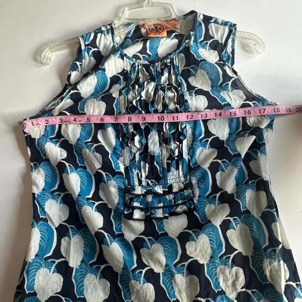 Tory Burch Leaf Print Snap Top Womens Size 6 Blue White Sleeveless Shell